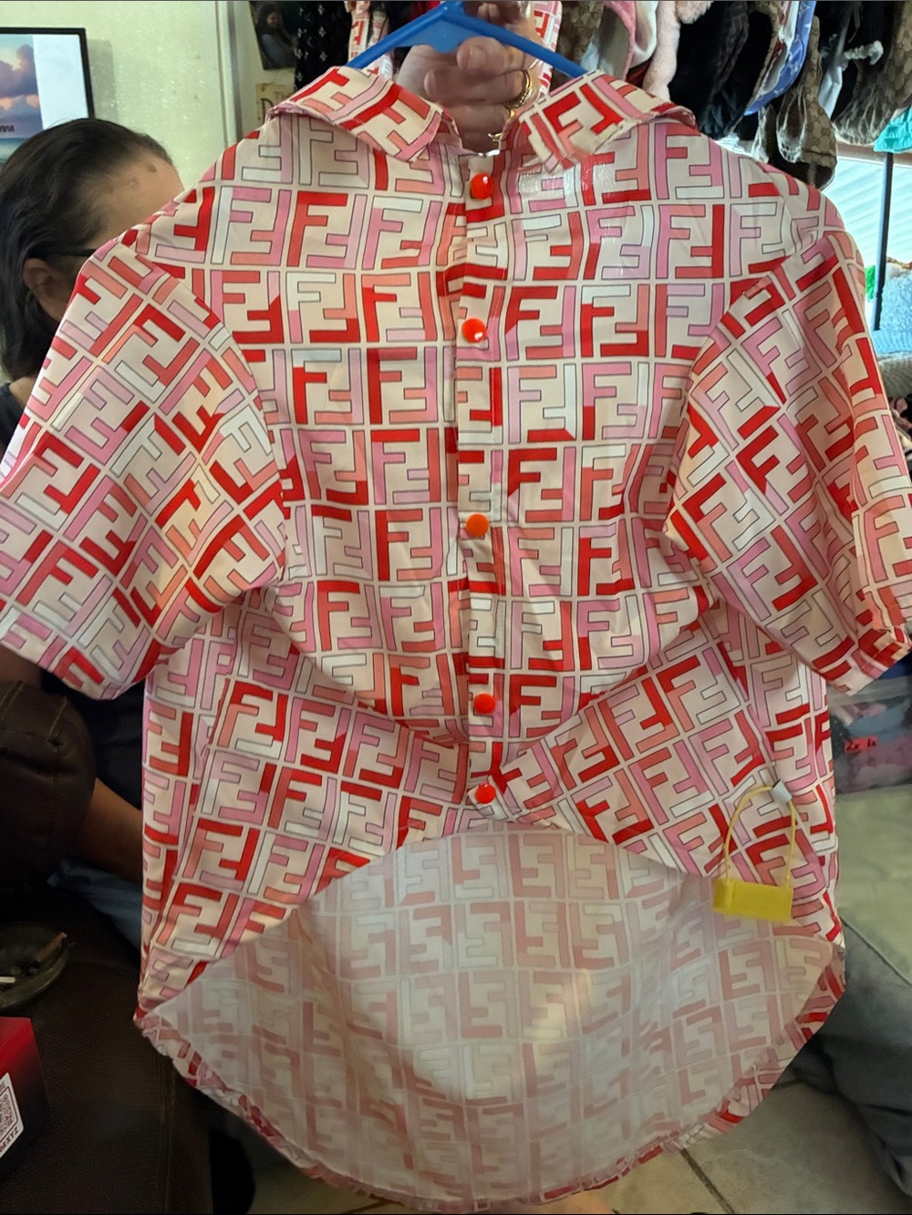 High fashion Pink & Red FF Logo Short Sleeve Button-Down Shirt for pets